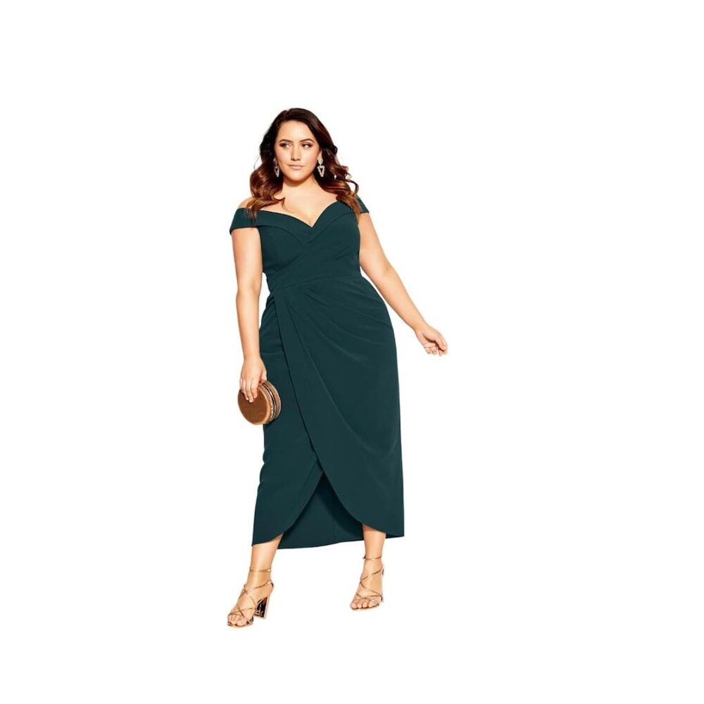 City Chic NWT Rippled Love Dress Size M / 18 Off Shoulder Emerald Green